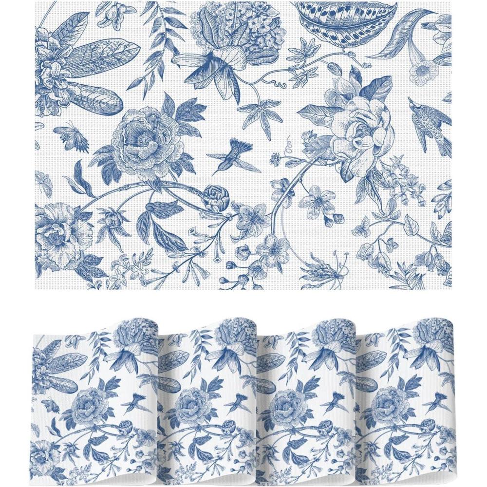 image:imageArtoid Mode Blue Floral Brids Spring Vinyl Placemats Set of 4 Washable Heat Resistant NonSlip Woven Plastic PVC Place Mats for Farmhouse Holiday Party Dining Table DecorBlue