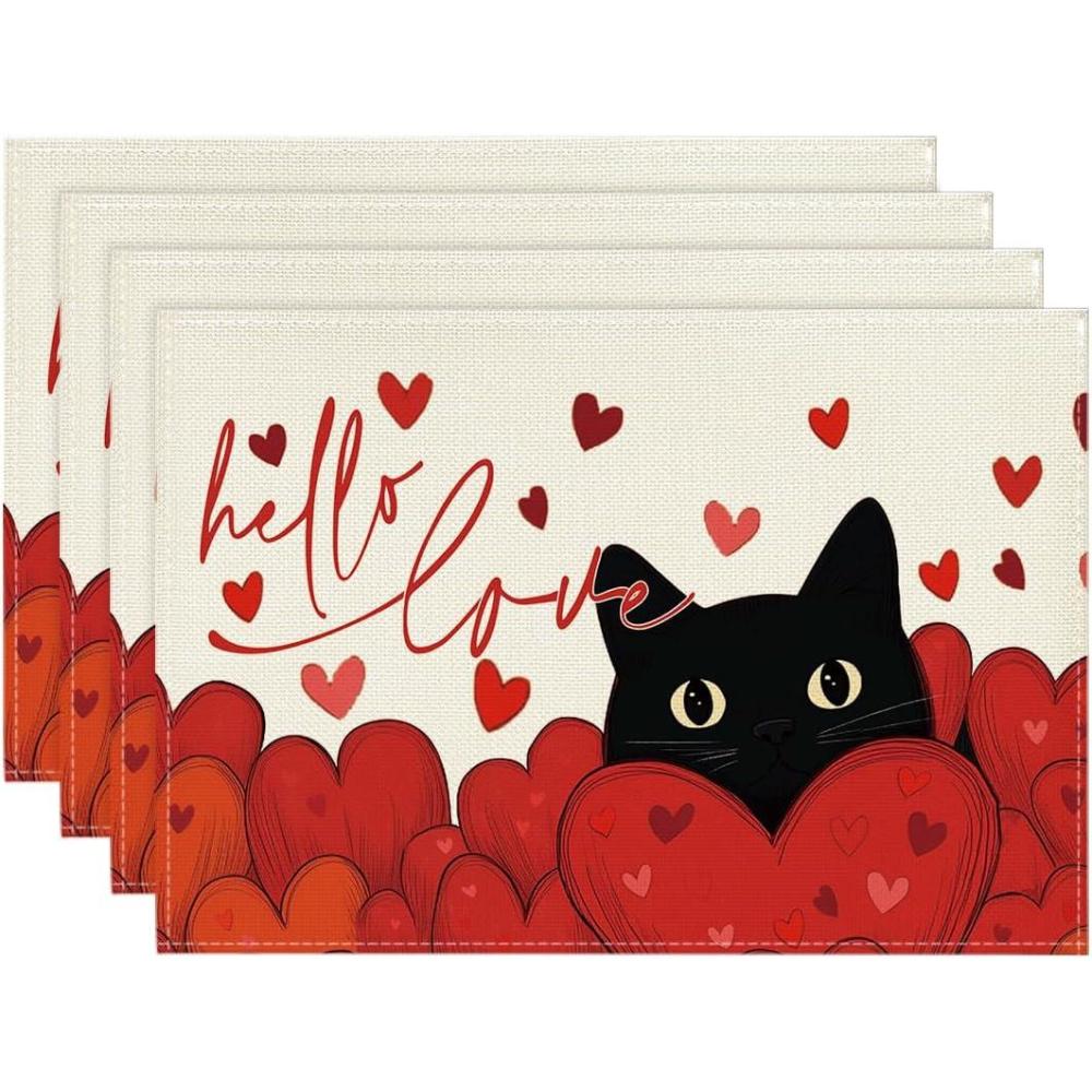 image:imageArtoid Mode Hello Love Heart Cat Valentine Placemats Set of 4 12x18 Inch Wedding Anniversary Table Mats for Party Kitchen Dining DecorationRed