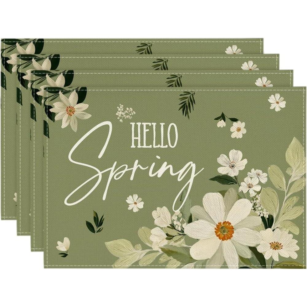 image:imageArtoid Mode Olive Green Hello Spring Daisy Flowers Spring Placemats Set of 4 12x18 Inch Seasonal Holiday Table Mats for Party Kitchen Dining DecorationOlive Green