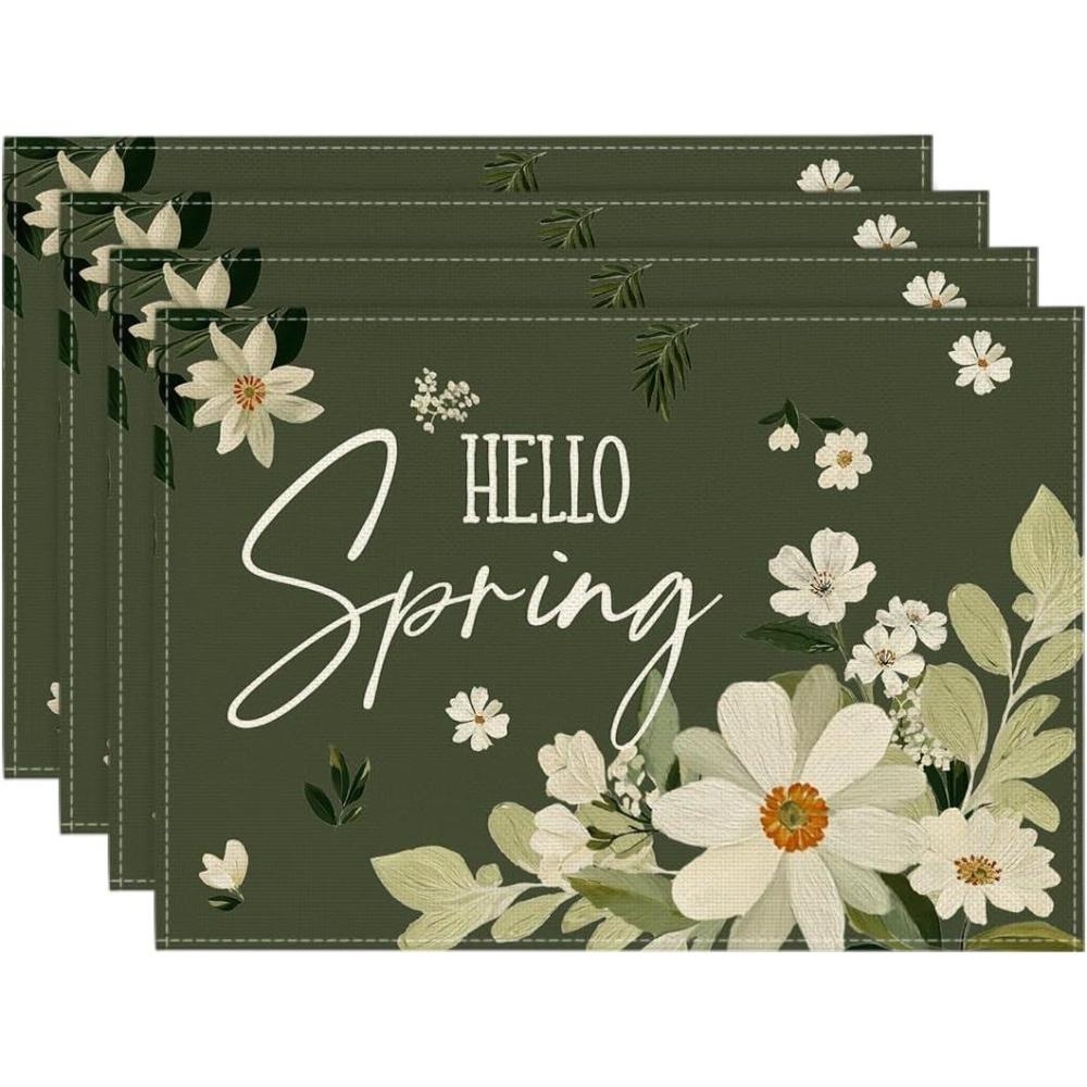 image:imageArtoid Mode Olive Green Hello Spring Daisy Flowers Spring Placemats Set of 4 12x18 Inch Seasonal Holiday Table Mats for Party Kitchen Dining DecorationGreen