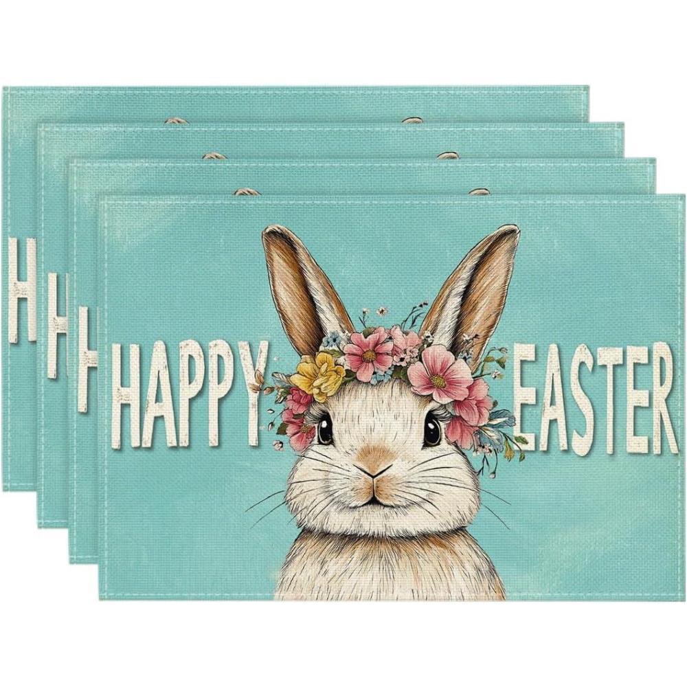 image:imageArtoid Mode Pink Bunny Rabbit Wreath Happy Easter Placemats Set of 4 12x18 Inch Spring Table Mats for Outdoor Home Party Kitchen Dining DecorBlue
