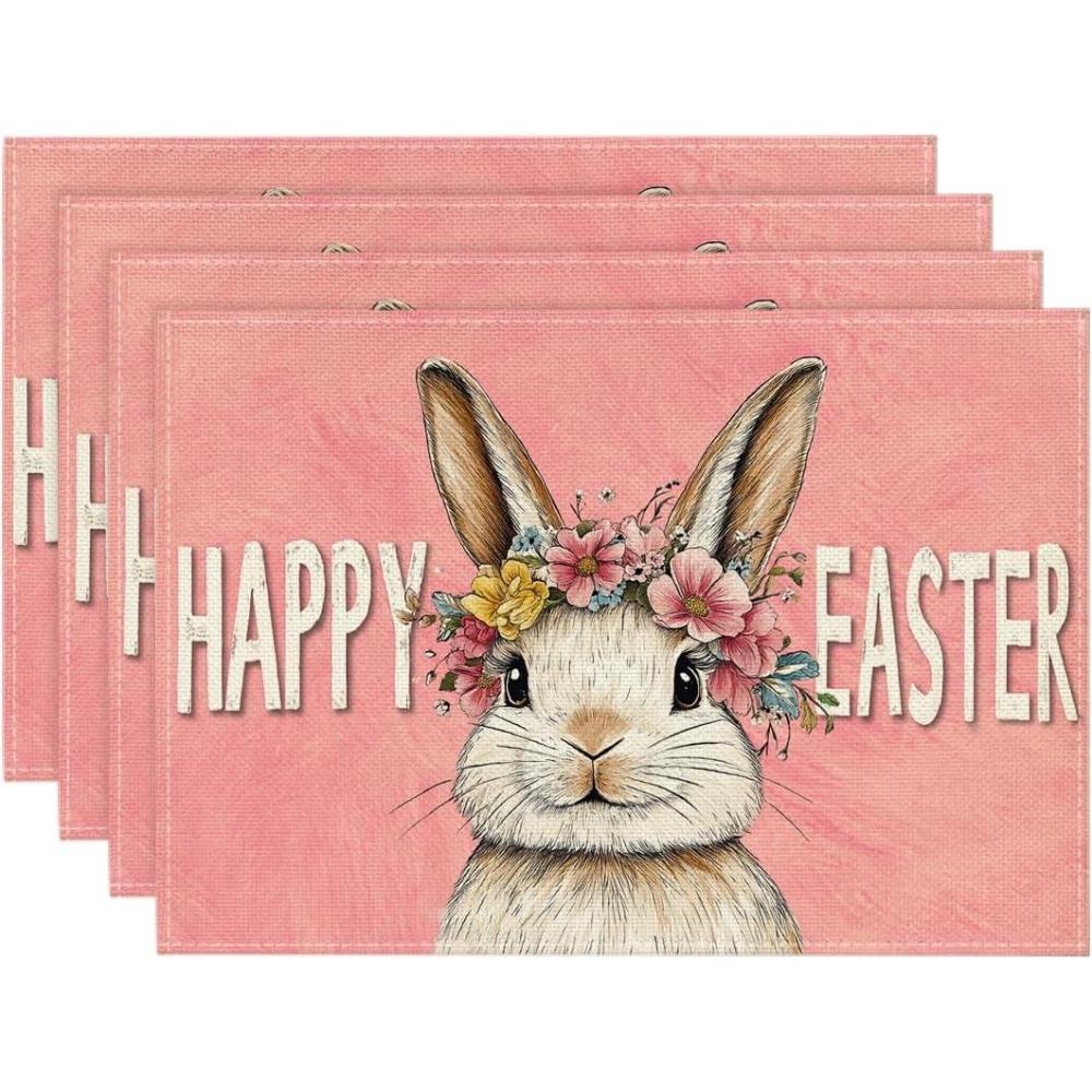 image:imageArtoid Mode Pink Bunny Rabbit Wreath Happy Easter Placemats Set of 4 12x18 Inch Spring Table Mats for Outdoor Home Party Kitchen Dining DecorPink