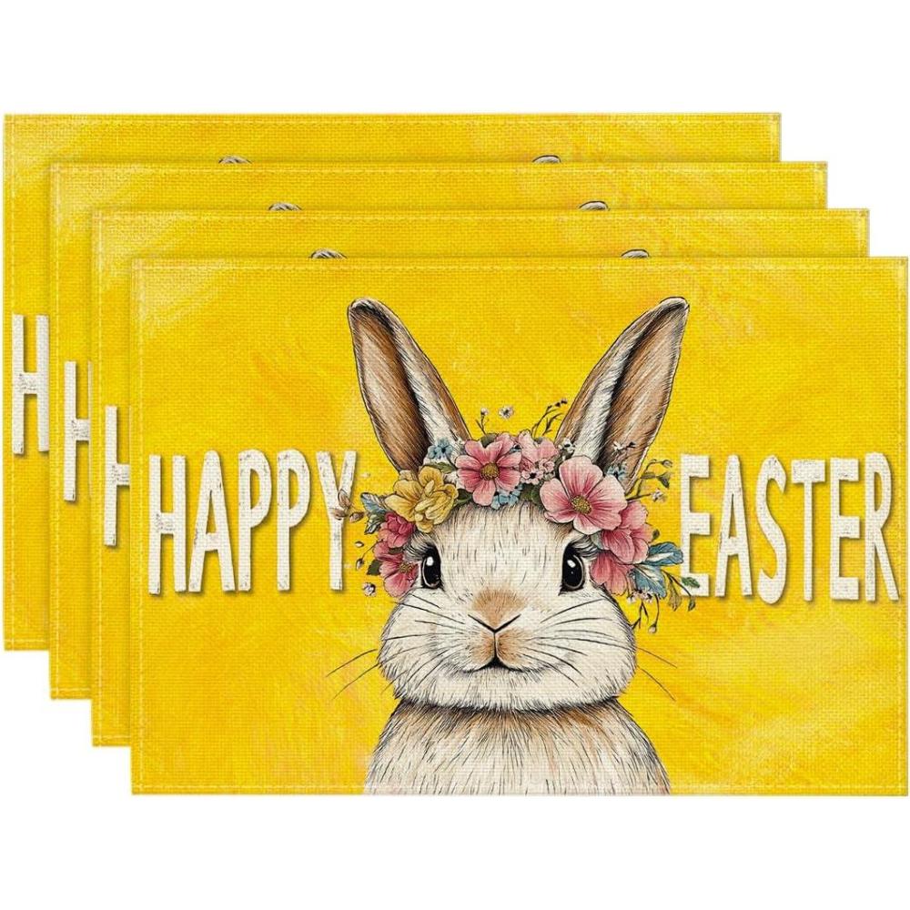 image:imageArtoid Mode Pink Bunny Rabbit Wreath Happy Easter Placemats Set of 4 12x18 Inch Spring Table Mats for Outdoor Home Party Kitchen Dining DecorYellow