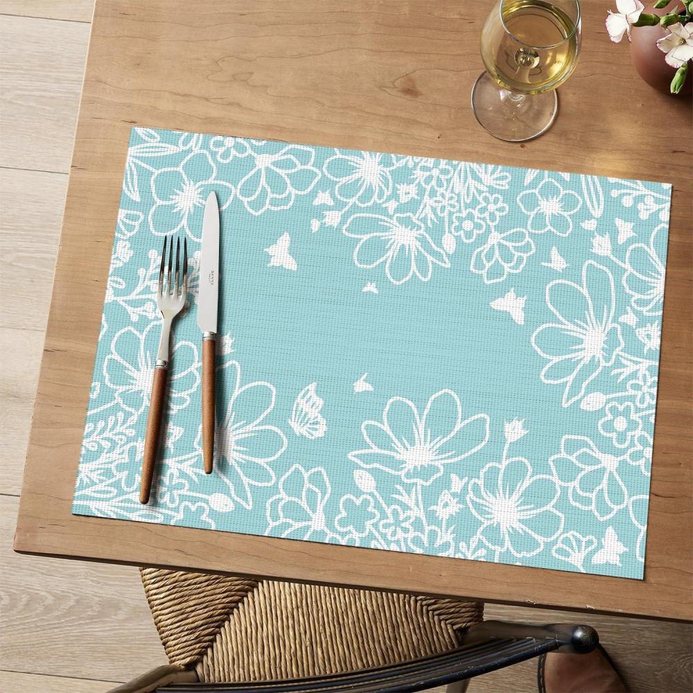 image:imageArtoid Mode Pink Leaves Vinyl Round Placemats Set of 4 14 Inch Washable NonSlip Heat Resistant Woven Plastic Spring Table Mats for Party Kitchen Dining DecorBlue