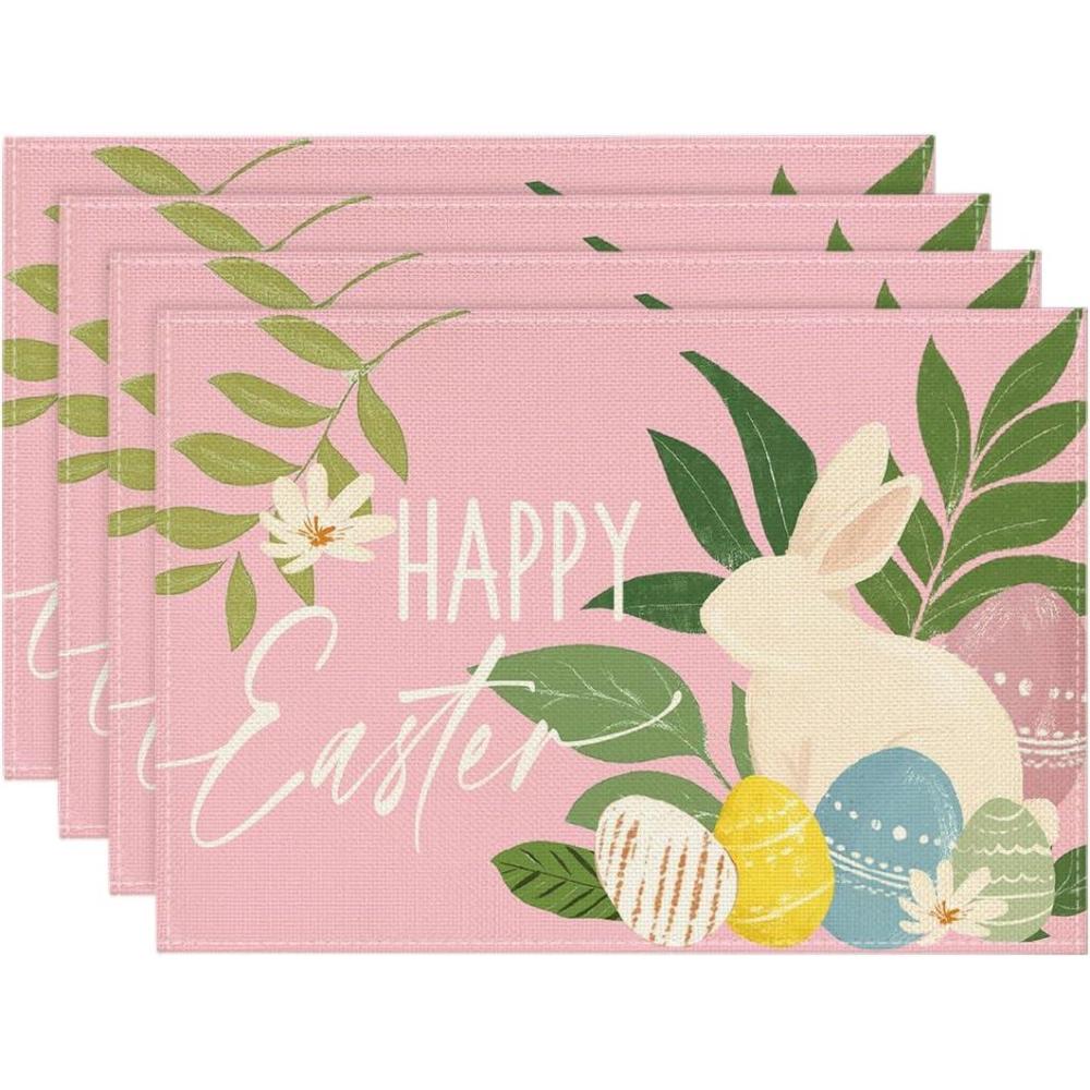 image:imageArtoid Mode Pink Rabbit Bunny Eggs Flowers Easter Placemats Set of 4 12x18 Inch Seasonal Spring Holiday Table Mats for Party Kitchen Dining DecorationPink