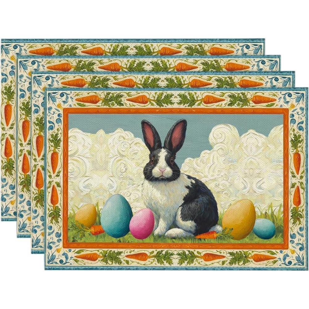 image:imageArtoid Mode Rabbit Bunny Eggs Carrot Easter Placemats Set of 4 12x18 Inch Seasonal Spring Holiday Table Mats for Party Kitchen Dining Decoration