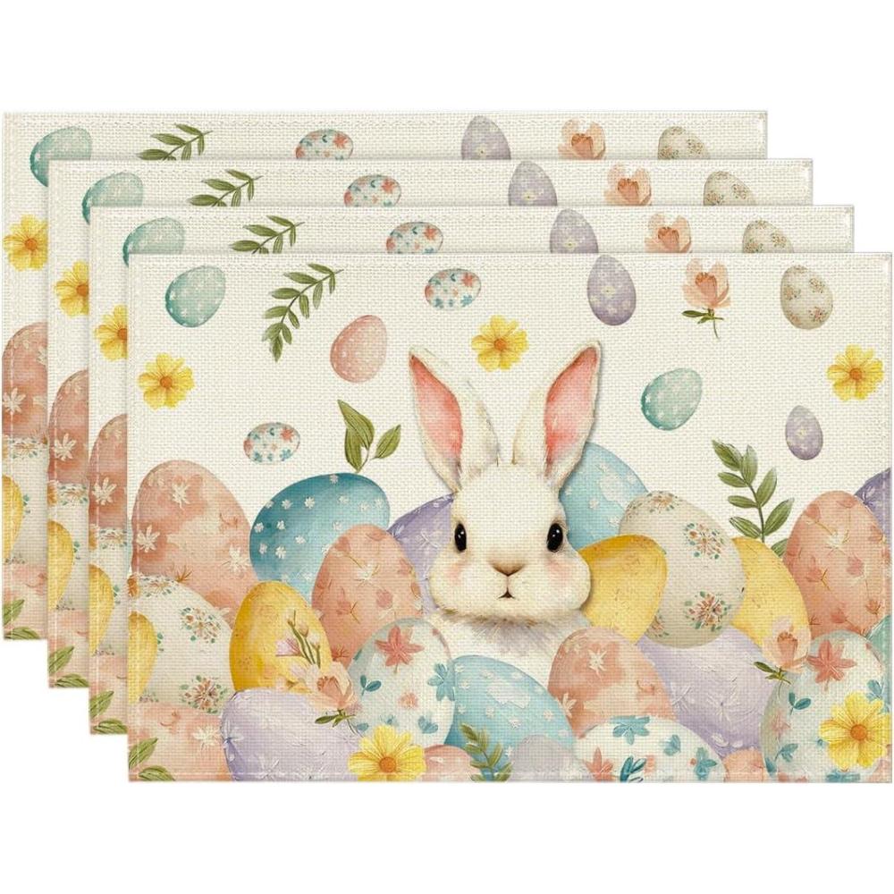 image:imageArtoid Mode Rabbit Bunny Eggs Leaves Flowers Easter Placemats Set of 4 12x18 Inch Seasonal Spring Holiday Table Mats for Party Kitchen Dining DecorationBeige