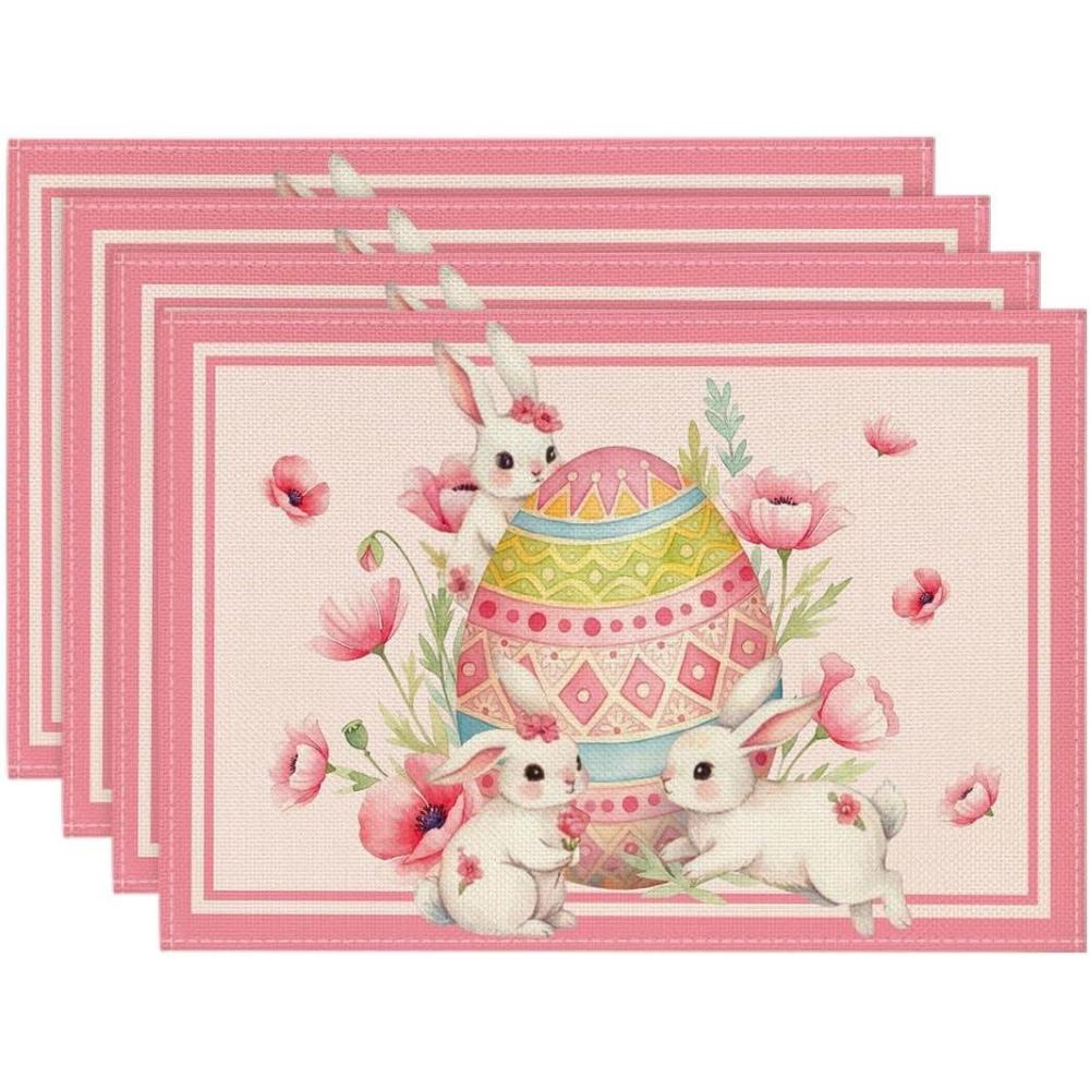 image:imageArtoid Mode Rabbit Bunny Eggs Poppy Easter Placemats Set of 4 12x18 Inch Seasonal Spring Holiday Table Mats for Party Kitchen Dining Decoration