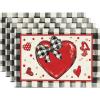 Artoid Mode Buffalo Plaid Red Heart Valentine Placemats Set of 4, 12×18 Inch Seasonal Bow Tie Table Mats for Party Kitchen Dining Decoration(Black/Beige)