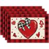 Artoid Mode Buffalo Plaid Red Heart Valentine Placemats Set of 4, 12×18 Inch Seasonal Bow Tie Table Mats for Party Kitchen Dining Decoration(Black/Red)