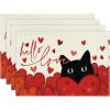 Artoid Mode Hello Love Heart Cat Valentine Placemats Set of 4, 12×18 Inch Wedding Anniversary Table Mats for Party Kitchen Dining Decoration(Red)