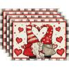 Artoid Mode Kiss Gnomes Valentine Placemats Set of 4, 12×18 Inch Wedding Anniversary Table Mats for Party Kitchen Dining Decoration(Black/Beige)