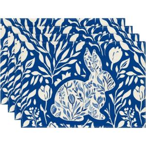 Artoid Mode Blue Bunny Rabbit Wild Weeds Easter Placemats Set of 4, 12×18 Inch Spring Table Mats for Outdoor Home Party Kitchen Dining Decor(Blue)