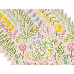 Artoid Mode Blue Bunny Rabbit Wild Weeds Easter Placemats Set of 4, 12×18 Inch Spring Table Mats for Outdoor Home Party Kitchen Dining Decor(Pink)