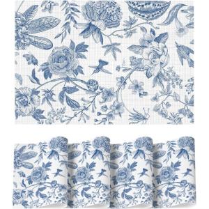 Artoid Mode Blue Floral Brids Spring Vinyl Placemats Set of 4, Washable Heat Resistant Non-Slip Woven Plastic PVC Place Mats for Farmhouse Holiday Party Dining Table Decor(Blue)