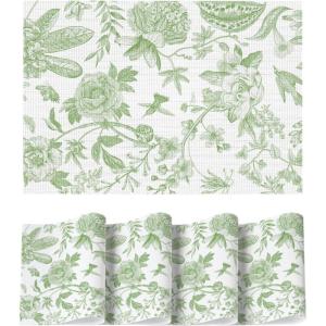 Artoid Mode Blue Floral Brids Spring Vinyl Placemats Set of 4, Washable Heat Resistant Non-Slip Woven Plastic PVC Place Mats for Farmhouse Holiday Party Dining Table Decor(Green)