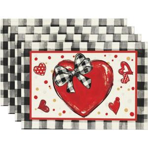 Artoid Mode Buffalo Plaid Red Heart Valentine Placemats Set of 4, 12×18 Inch Seasonal Bow Tie Table Mats for Party Kitchen Dining Decoration(Black/Beige)