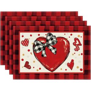 Artoid Mode Buffalo Plaid Red Heart Valentine Placemats Set of 4, 12×18 Inch Seasonal Bow Tie Table Mats for Party Kitchen Dining Decoration(Black/Red)