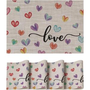 Artoid Mode Colorful Hearts Vinyl Valentines Placemats Set of 4, 12×18 Inch Mother’s Day Washable Heat Resistant Plastic Place Mats for Party Dining Table Decor