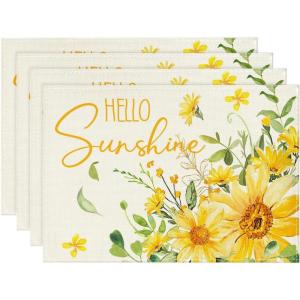 Artoid Mode Hello Sunshine Sunflower Summer Placemats Set of 4, 12×18 Inch Seasonal Spring Holiday Table Mats for Party Kitchen Dining Decoration(Beige)