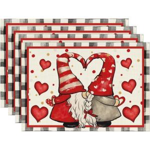 Artoid Mode Kiss Gnomes Valentine Placemats Set of 4, 12×18 Inch Wedding Anniversary Table Mats for Party Kitchen Dining Decoration(Black/Beige)