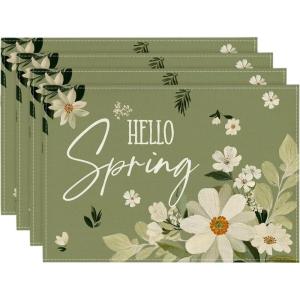 Artoid Mode Olive Green Hello Spring Daisy Flowers Spring Placemats Set of 4, 12×18 Inch Seasonal Holiday Table Mats for Party Kitchen Dining Decoration(Olive Green)