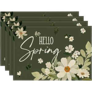 Artoid Mode Olive Green Hello Spring Daisy Flowers Spring Placemats Set of 4, 12×18 Inch Seasonal Holiday Table Mats for Party Kitchen Dining Decoration(Green)