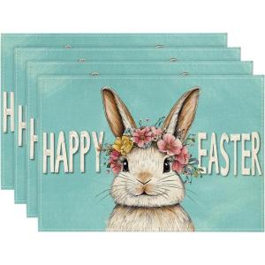 Artoid Mode Pink Bunny Rabbit Wreath Happy Easter Placemats Set of 4, 12×18 Inch Spring Table Mats for Outdoor Home Party Kitchen Dining Decor(Blue)