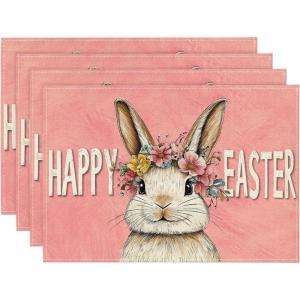 Artoid Mode Pink Bunny Rabbit Wreath Happy Easter Placemats Set of 4, 12×18 Inch Spring Table Mats for Outdoor Home Party Kitchen Dining Decor(Pink)