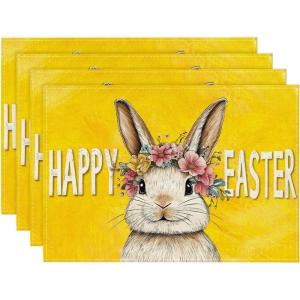 Artoid Mode Pink Bunny Rabbit Wreath Happy Easter Placemats Set of 4, 12×18 Inch Spring Table Mats for Outdoor Home Party Kitchen Dining Decor(Yellow)