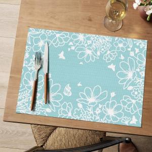 Artoid Mode Pink Leaves Vinyl Round Placemats Set of 4, 14 Inch Washable Non-Slip Heat Resistant Woven Plastic Spring Table Mats for Party Kitchen Dining Decor(Blue)