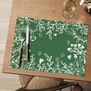 Artoid Mode Pink Leaves Vinyl Round Placemats Set of 4, 14 Inch Washable Non-Slip Heat Resistant Woven Plastic Spring Table Mats for Party Kitchen Dining Decor(Dark Green)