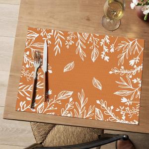 Artoid Mode Pink Leaves Vinyl Round Placemats Set of 4, 14 Inch Washable Non-Slip Heat Resistant Woven Plastic Spring Table Mats for Party Kitchen Dining Decor(Orange)
