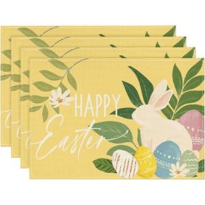 Artoid Mode Pink Rabbit Bunny Eggs Flowers Easter Placemats Set of 4, 12×18 Inch Seasonal Spring Holiday Table Mats for Party Kitchen Dining Decoration(Yellow)