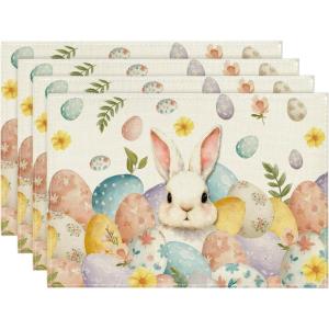 Artoid Mode Rabbit Bunny Eggs Leaves Flowers Easter Placemats Set of 4, 12×18 Inch Seasonal Spring Holiday Table Mats for Party Kitchen Dining Decoration(Beige)