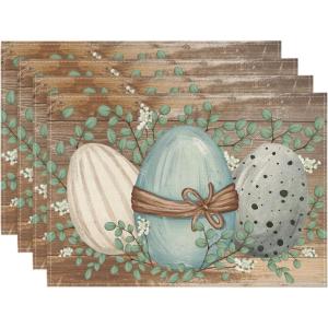 Artoid Mode Wood Eucalyptus Eggs Easter Placemats Set of 4, 12×18 Inch Spring Seasonal Table Mats for Party Kitchen Dining Decoration