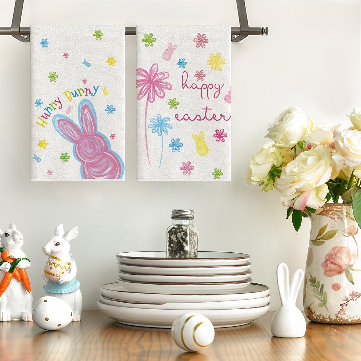 image:imageArtoid Mode Beige Rabbit Flowers Bless Our Home Happy Easter Spring Kitchen Towels Dish Towels 18x26 Inch Farmhouse Summer Decoration Cleaning Set of 4Beige