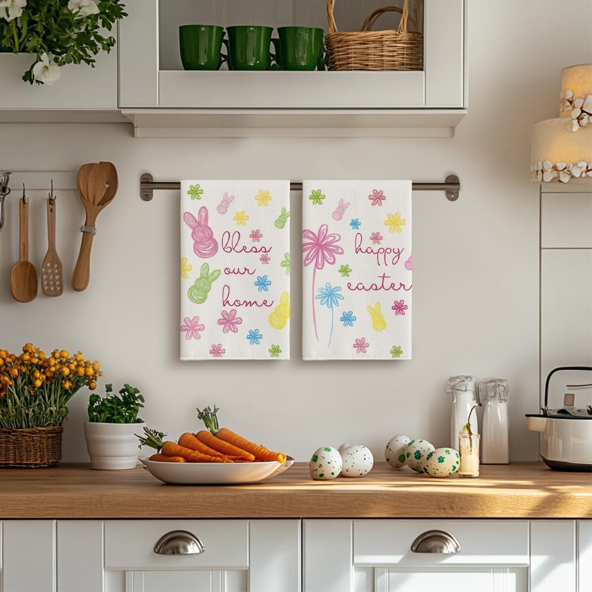 image:imageArtoid Mode Beige Rabbit Flowers Bless Our Home Happy Easter Spring Kitchen Towels Dish Towels 18x26 Inch Farmhouse Summer Decoration Cleaning Set of 4Beige