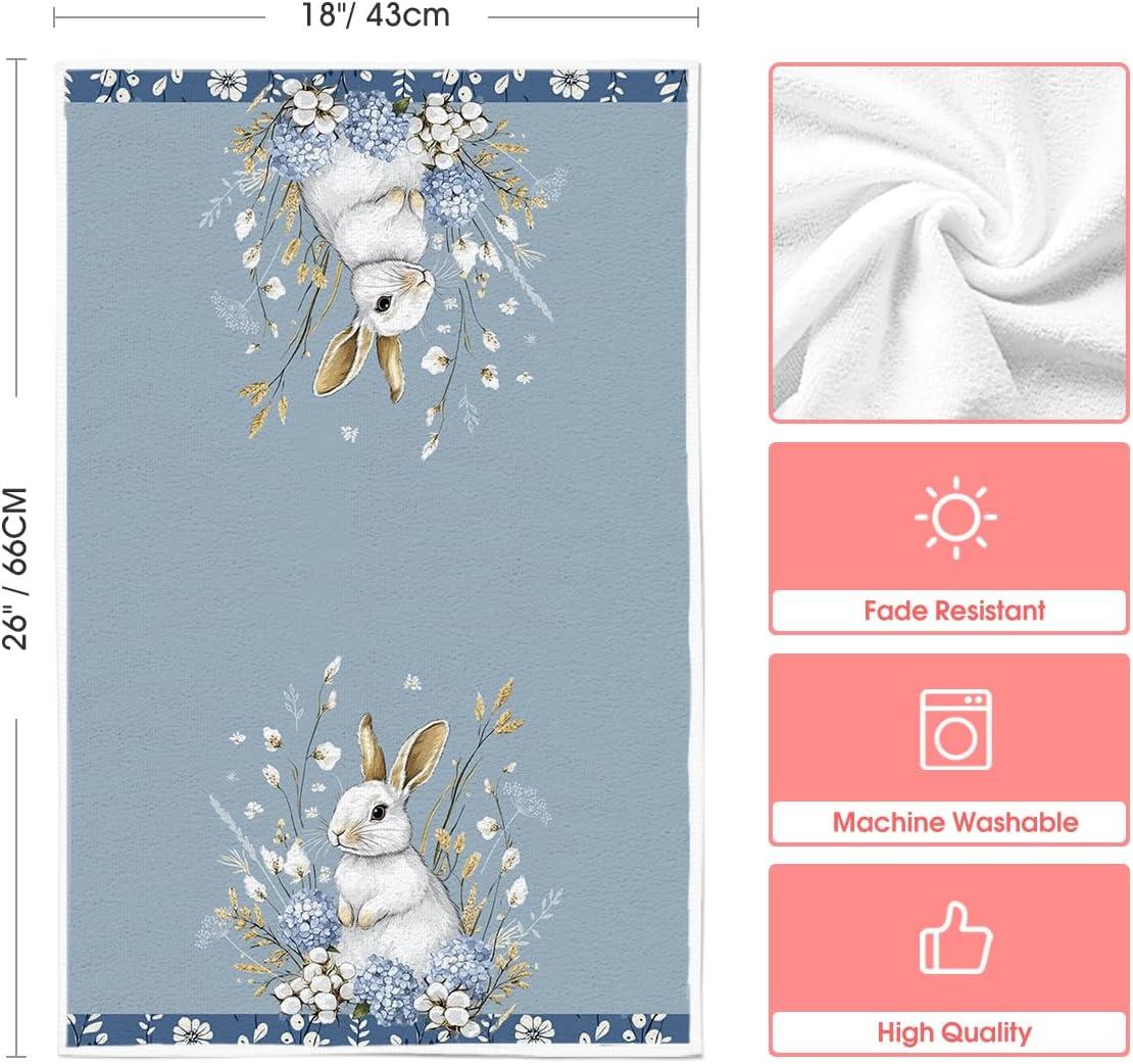 image:imageArtoid Mode Pink Rabbit Bunny Eggs Happy Easter Flowers Kitchen Towels Dish Towels 18x26 Inch Seasonal Spring Decoration Cleaning Set of 4Blue