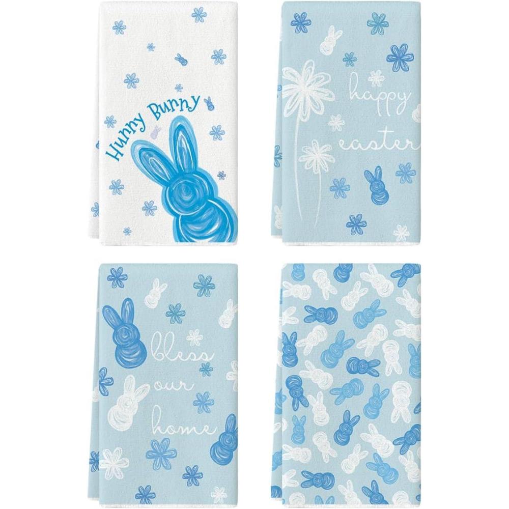 image:imageArtoid Mode Beige Rabbit Flowers Bless Our Home Happy Easter Spring Kitchen Towels Dish Towels 18x26 Inch Farmhouse Summer Decoration Cleaning Set of 4Blue
