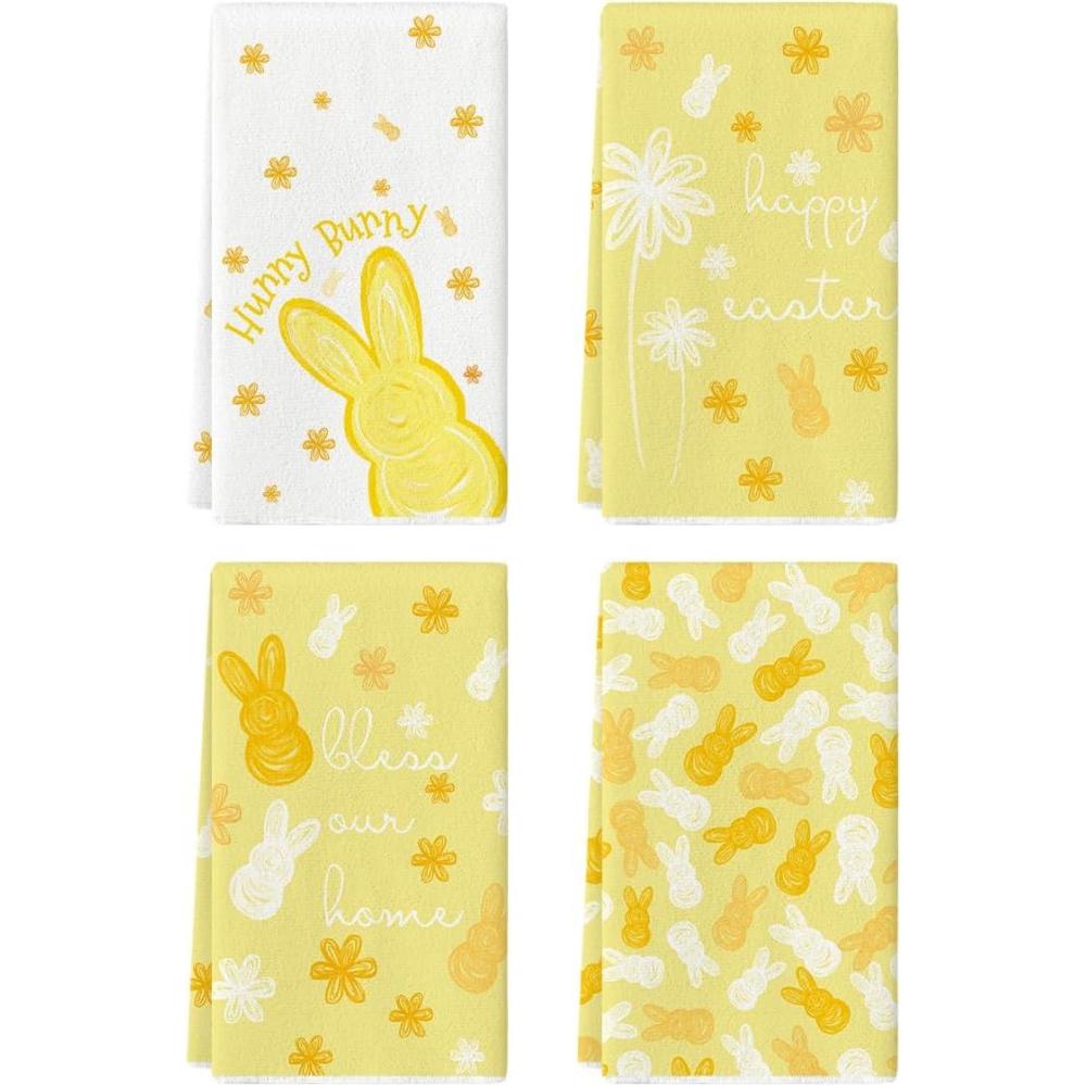 image:imageArtoid Mode Beige Rabbit Flowers Bless Our Home Happy Easter Spring Kitchen Towels Dish Towels 18x26 Inch Farmhouse Summer Decoration Cleaning Set of 4Yellow