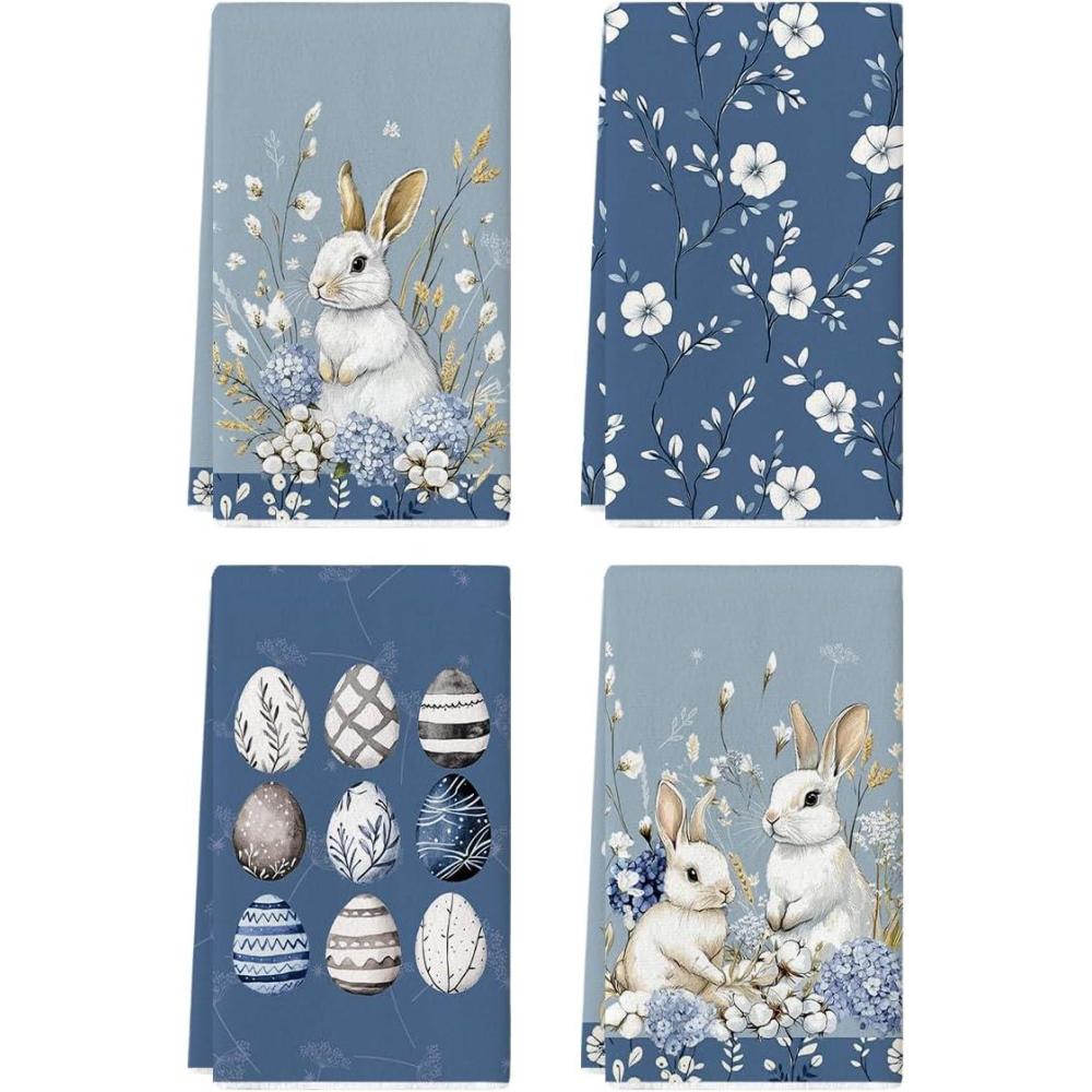 image:imageArtoid Mode Pink Rabbit Bunny Eggs Happy Easter Flowers Kitchen Towels Dish Towels 18x26 Inch Seasonal Spring Decoration Cleaning Set of 4Blue