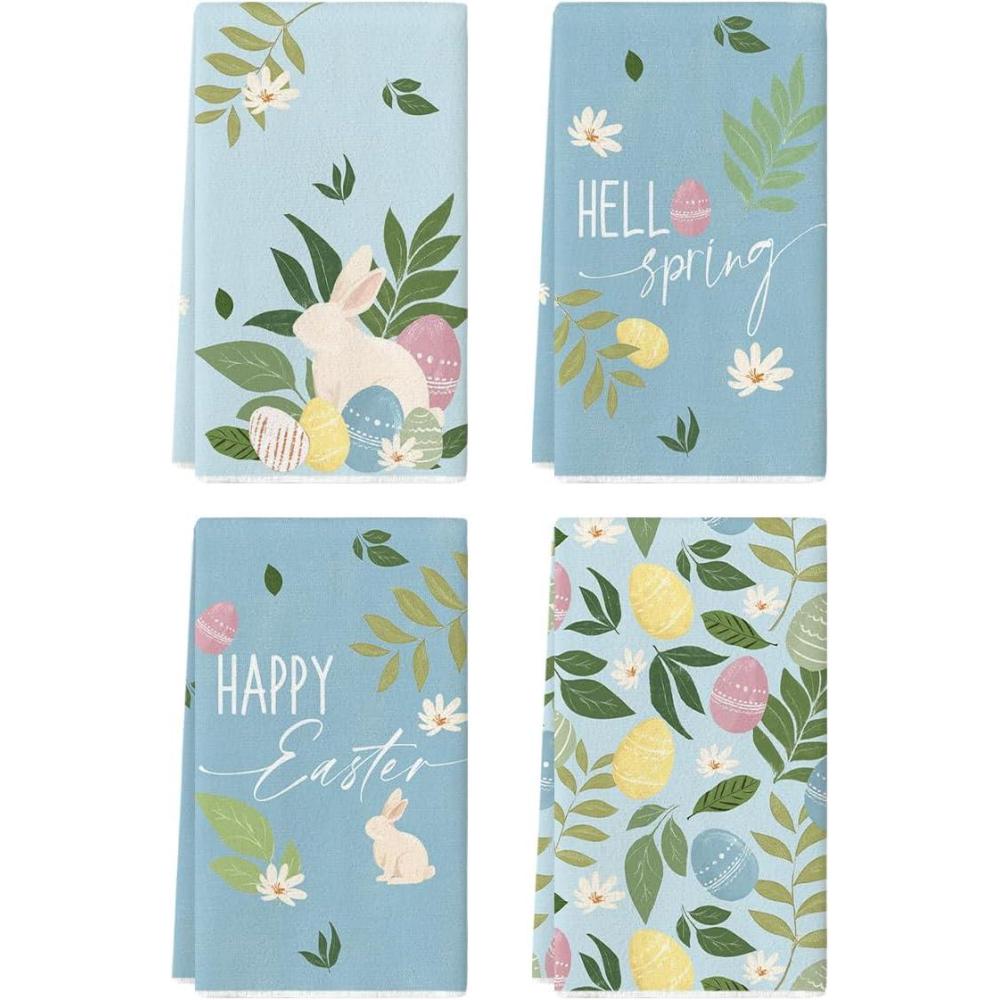 image:imageArtoid Mode Pink Rabbit Flower Leaves Bunny Eggs Happy Easter Spring Kitchen Towels Dish Towels 18x26 Inch Farmhouse Summer Decoration Cleaning Set of 4Blue