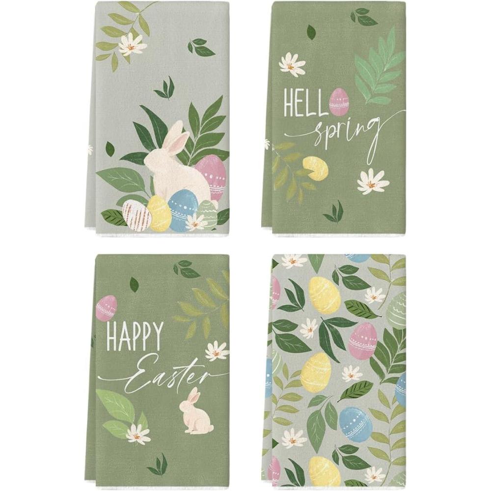 image:imageArtoid Mode Pink Rabbit Flower Leaves Bunny Eggs Happy Easter Spring Kitchen Towels Dish Towels 18x26 Inch Farmhouse Summer Decoration Cleaning Set of 4Green