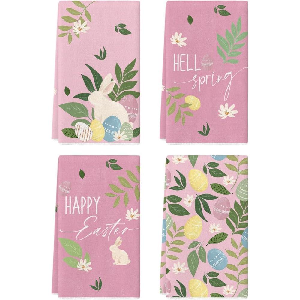 image:imageArtoid Mode Pink Rabbit Flower Leaves Bunny Eggs Happy Easter Spring Kitchen Towels Dish Towels 18x26 Inch Farmhouse Summer Decoration Cleaning Set of 4Pink
