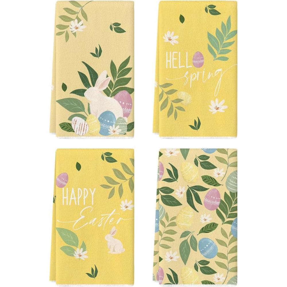 image:imageArtoid Mode Pink Rabbit Flower Leaves Bunny Eggs Happy Easter Spring Kitchen Towels Dish Towels 18x26 Inch Farmhouse Summer Decoration Cleaning Set of 4Yellow