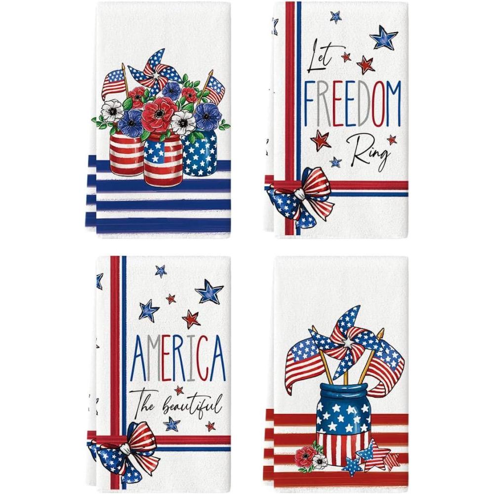 image:imageArtoid Mode Stripes American Flag Vase Windmill 4th of July Kitchen Towels Dish Towels 18x26 Inch Patriotic Memorial Day Decor Hand Towels Set of 4