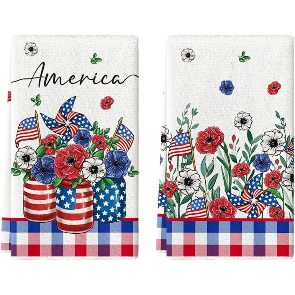 image:imageArtoid Mode Vase Flowers American Patriotic 4th of July Kitchen Towels Dish Towels 18x26 Inch Flag Memorial Day Decoration Hand Towels Set of 2