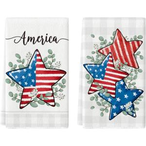 Artoid Mode America Stars Eucalyptus 4th of July Kitchen Towels Dish Towels, 18×26 Inch Patriotic Memorial Day Decoration Hand Towels Set of 2