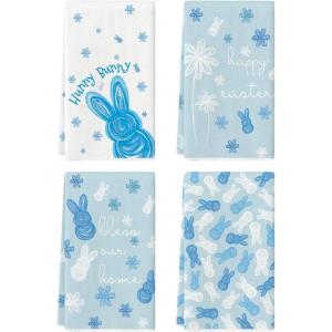 Artoid Mode Beige Rabbit Flowers Bless Our Home Happy Easter Spring Kitchen Towels Dish Towels, 18×26 Inch Farmhouse Summer Decoration Cleaning Set of 4(Blue)